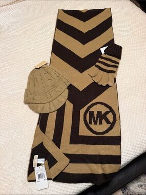 Michael Kors Tan & Dark Brown Logo Knit Scarf, Beanie & Gloves Set